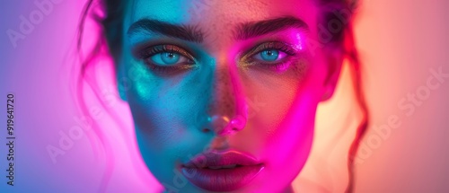  A woman's face, tightly framed Blue and pink lights casting an ethereal glow Hair billows in the wind