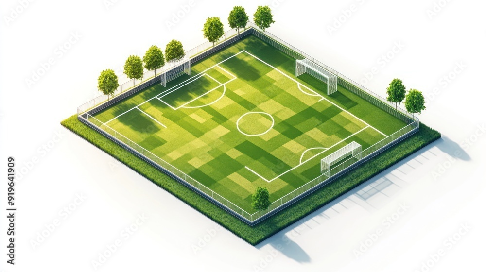 Isometric illustration of a small, enclosed soccer pitch with trees around the perimeter, white lines marking the field, and a goal at each end. Isometric illustration of a small, enclosed soccer pitch with trees around the perimeter, white lines marking the field, and a goal at each end.