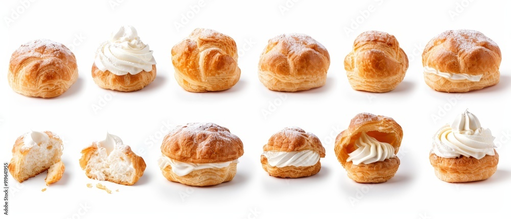 A pristine white background showcases various pastries A pristine white background showcases various pastries