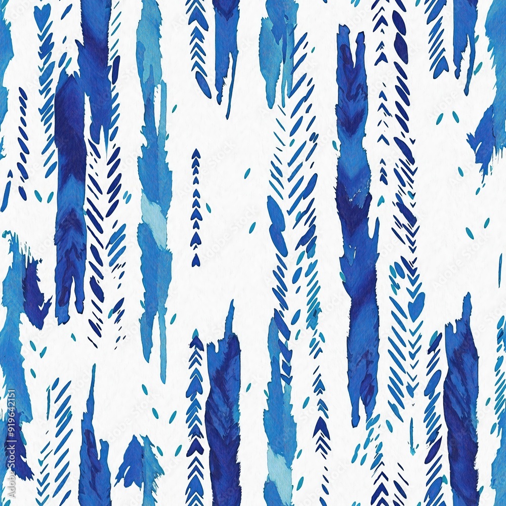 Fototapeta premium Summery ikat zig zag pattern in painterly brushstroke digital design. Modern coastal living printed chevron textile decor in seamless all over template.