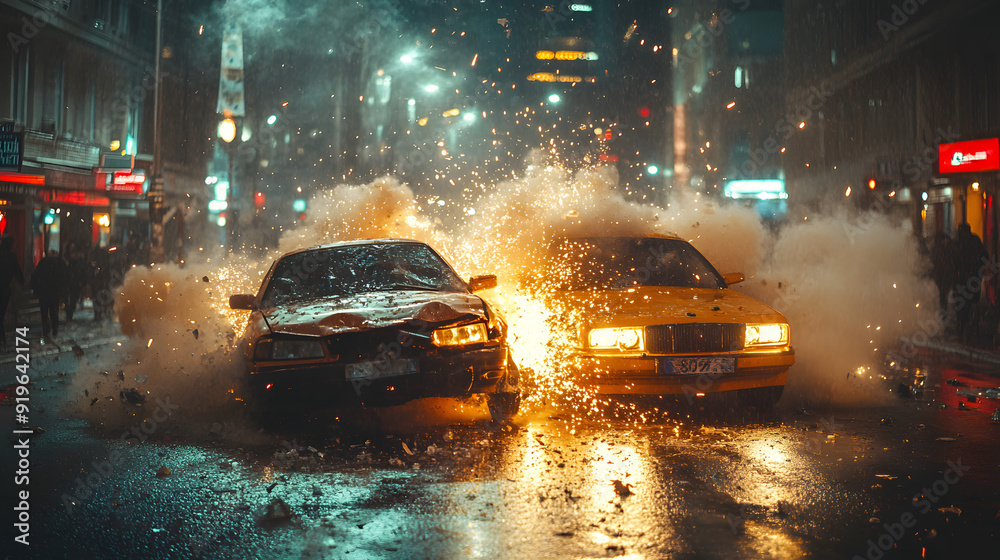 Obraz premium Two cars collide in a dramatic nighttime crash on a rain-soaked city street, with shattered glass flying and reflections from neon lights illuminating the chaotic scene. 