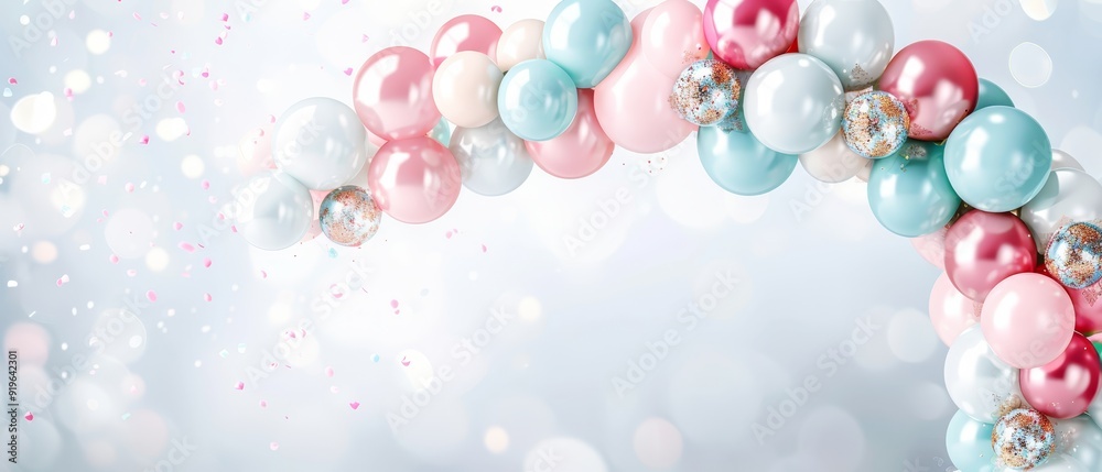 An arch of balloons in a pristine white setting, adorned with pink and blue confetti An arch of balloons in a pristine white setting, adorned with pink and blue confetti