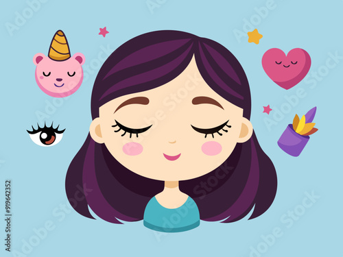 Eyelashes. Cartoon cute girl closed eye with lashes. Woman face makeup, black mascara. Simple beautiful girly sleep cilia line. Unicorn magic lash. Vector set
