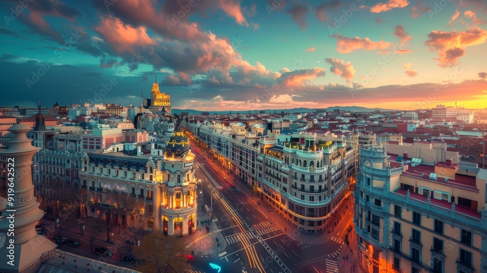 Obraz premium A city madrid at sunset with a large building in the background