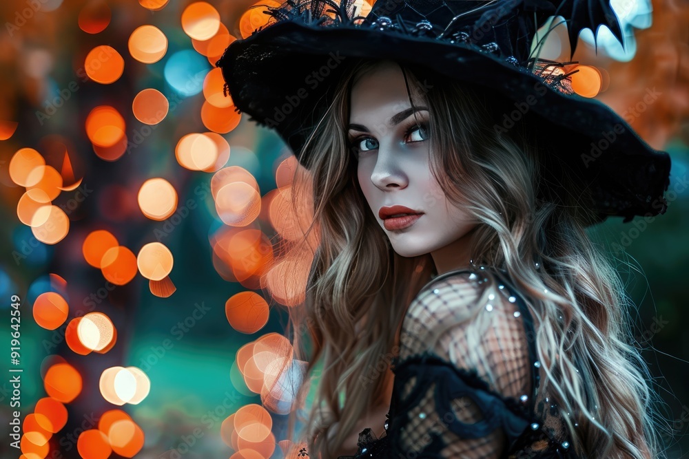 portrait of a beautiful woman in halloween dress with bokeh lightning background portrait of a beautiful woman in halloween dress with bokeh lightning background