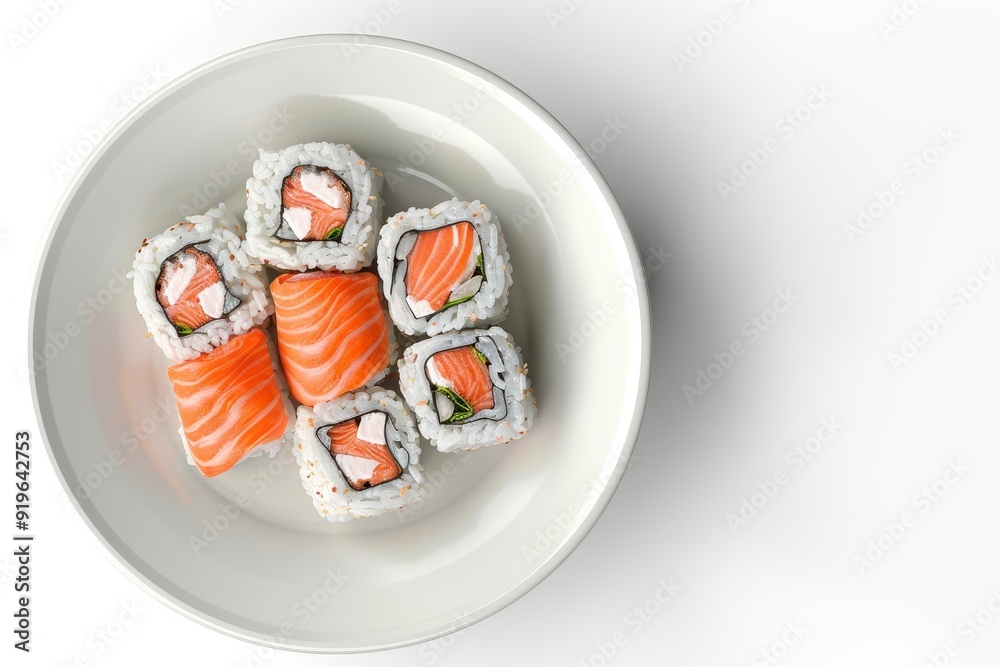 Salmon sushi on a plate in a white background