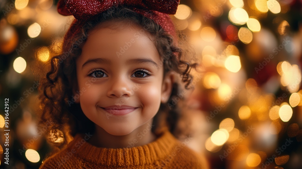 A young girl with curly hair is smiling and wearing a red bow A young girl with curly hair is smiling and wearing a red bow