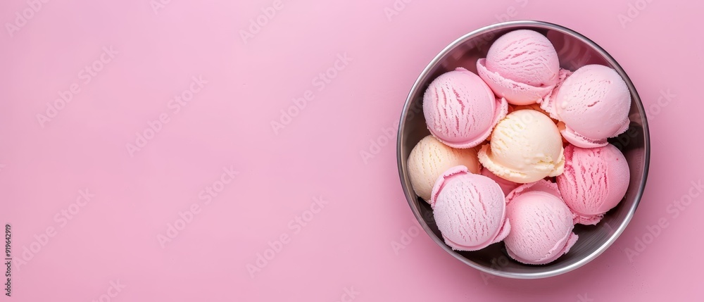 A pink surface backs a bowl, its contents a blend of pink and white ice cream Behind, a pink wall stands still A pink surface backs a bowl, its contents a blend of pink and white ice cream Behind, a pink wall stands still