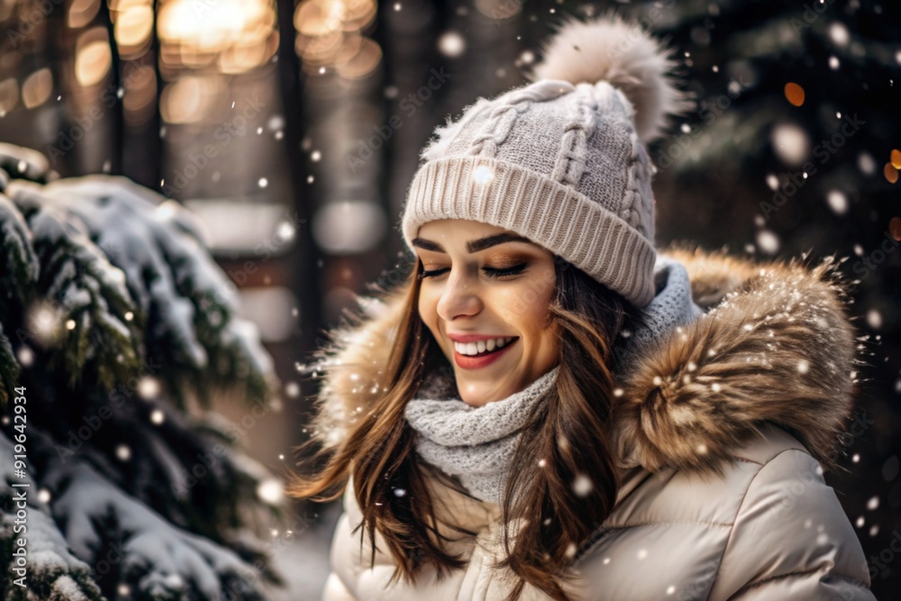 Winter portrait. Close-up of a young woman with expressive blue eyes in a knitted hat, scarf and sweater. Snow is falling. Winter portrait. Close-up of a young woman with expressive blue eyes in a knitted hat, scarf and sweater. Snow is falling.