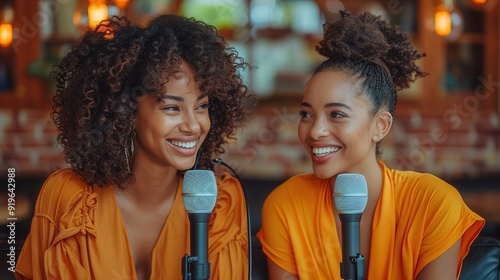 Two women are sitting on a couch and smiling at the camera in a podcast