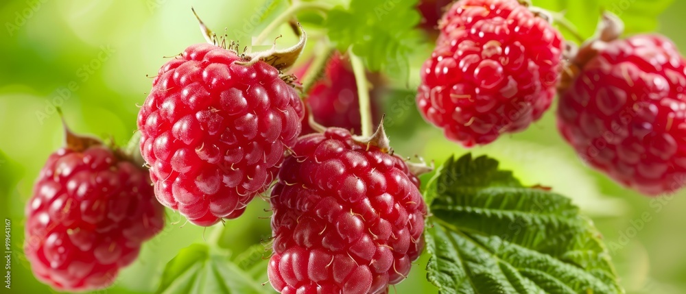  A branch laden with ripe raspberries, their red hues contrasting against verdant leaves, and water droplets glistening in the sunlight