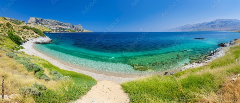 Obraz premium Two beaches, each featuring crystal-clear blue water and a sandy pathway for access