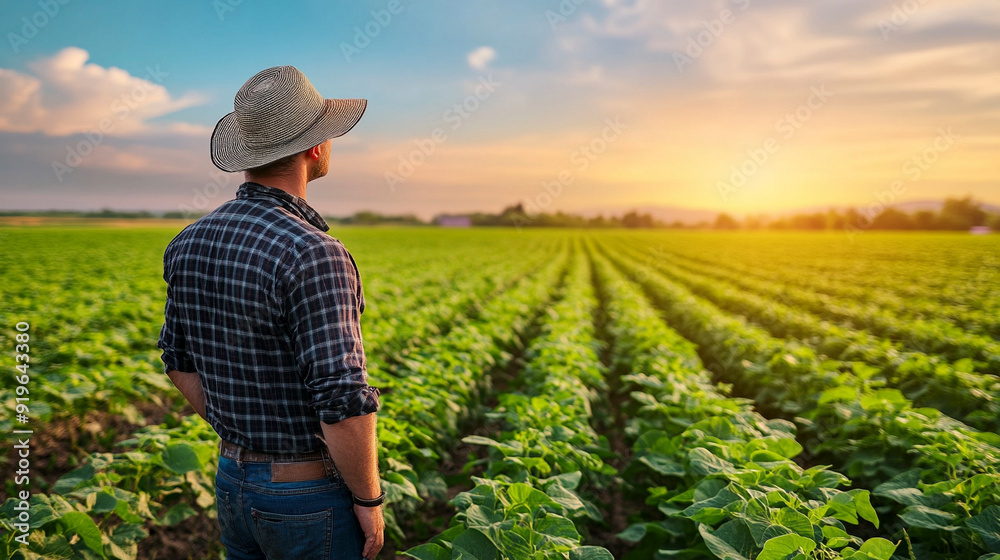 A proud male farmer stands in a vibrant green soybean A proud male farmer stands in a vibrant green soybean