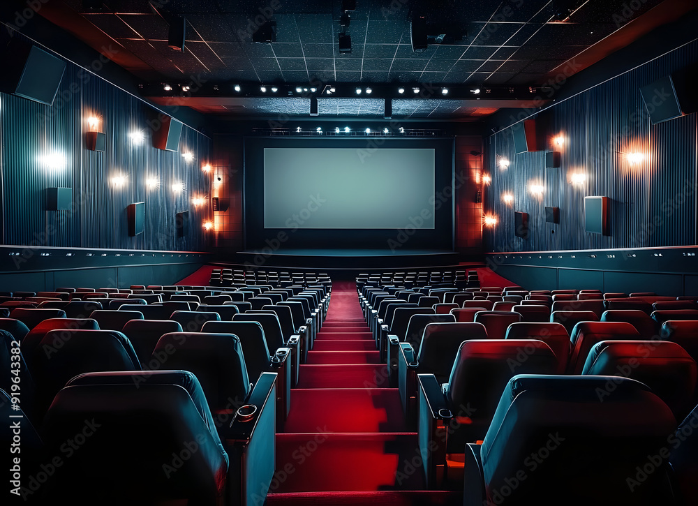 Fototapeta premium Elegant Interior of a Movie Theater With Empty Seats Before a Screen