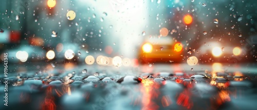 traffic lights glisten, a yellow car navigates roads amidst the rain