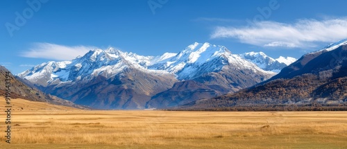  A distant mountain range is framed by a sea of brown grass in the foreground The backdrop is a expansive blue sky speckled with clouds