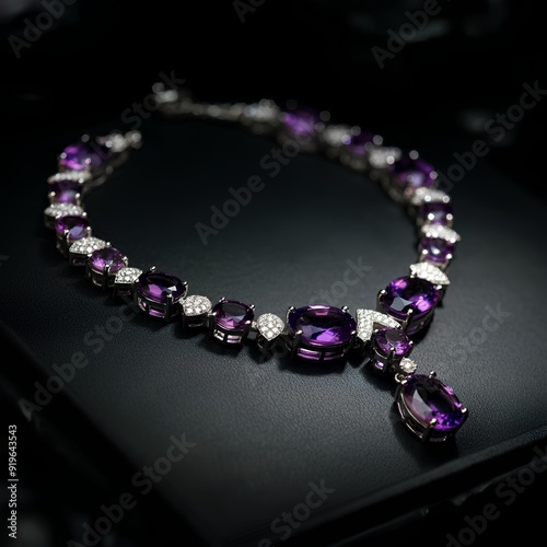 A luxurious necklace featuring purple amethysts and diamonds, arranged elegantly on a dark surface.