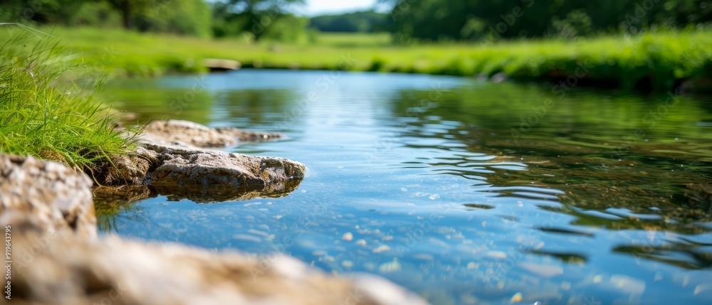 A narrow stream runs through two expanses of verdant greenery Each bank is lined with rocks and lush grass A narrow stream runs through two expanses of verdant greenery Each bank is lined with rocks and lush grass