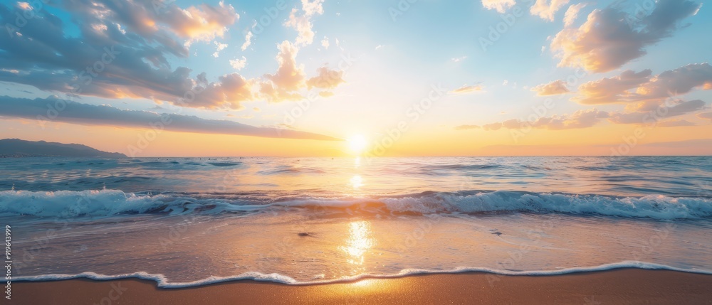 The sun sets over the foamy ocean, waves crash onto the sand