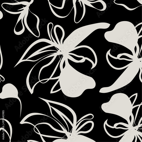 The stark contrast between the black background and the white floral elements enhances the clarity and prominence of the pattern. This makes it suitable for bold
