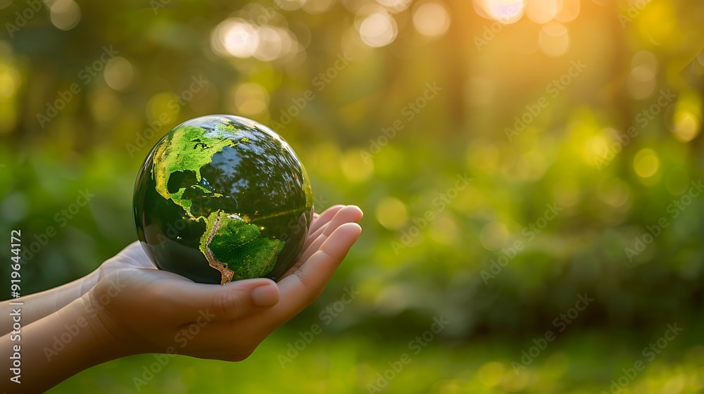 Green Earth Globe Held by Hands in a Lush Nature Setting Green Earth Globe Held by Hands in a Lush Nature Setting
