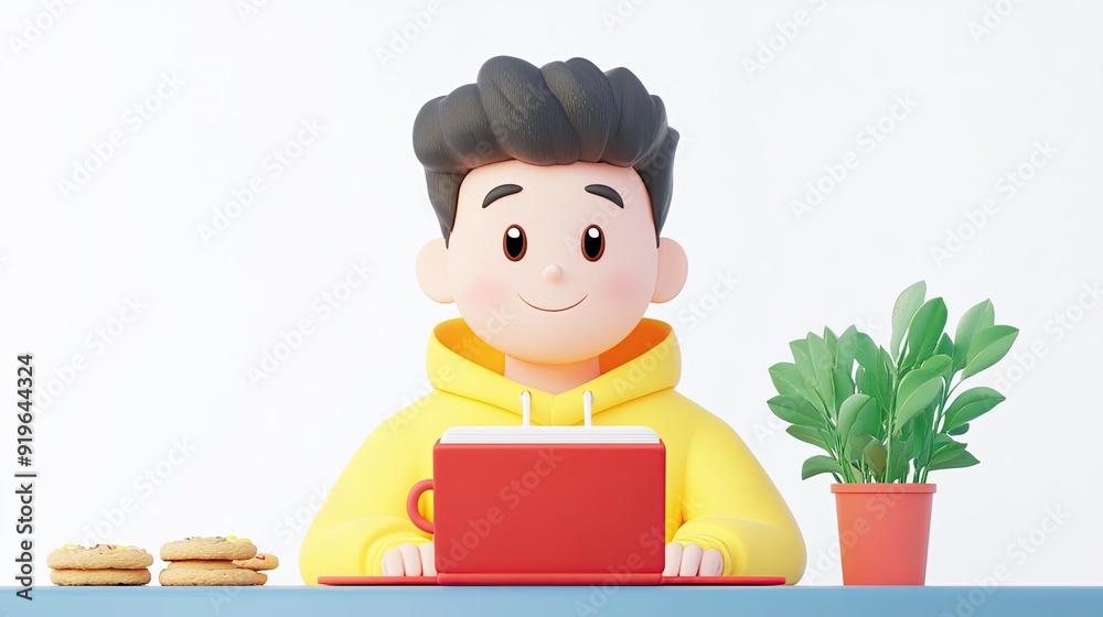 3D cartoon boy sitting at a table, smiling while using a red laptop. He has cookies and a plant next to him. 3D cartoon boy sitting at a table, smiling while using a red laptop. He has cookies and a plant next to him.