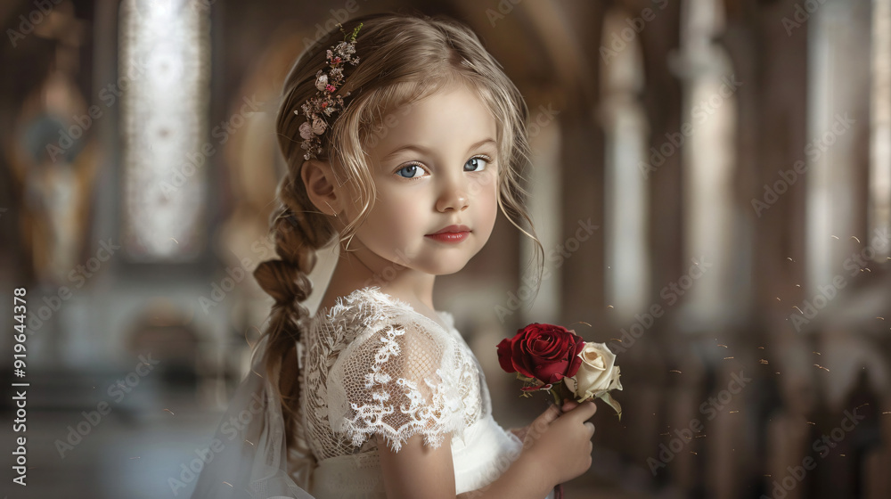 Young girl wearing flowers in her hair, holding red and white roses, standing in a church Young girl wearing flowers in her hair, holding red and white roses, standing in a church