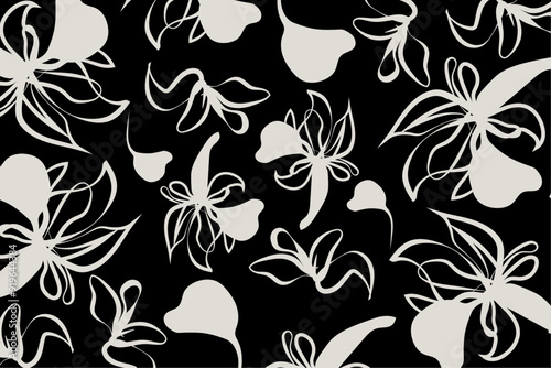 a monochromatic floral pattern where soft white abstract flowers contrast sharply against a black background. This creates a striking visual impact design