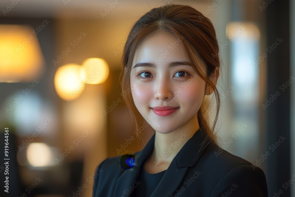 Welcoming with a smile: Portrait of a young Asian woman working as a hotel receptionist, Generative AI Welcoming with a smile: Portrait of a young Asian woman working as a hotel receptionist, Generative AI