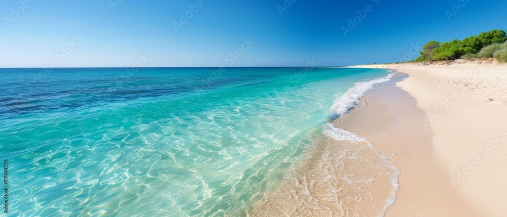 A bird's-eye perspective of a sandy shoreline boasting clear blue water and pristine white sand, all beneath a vast, clear blue sky
