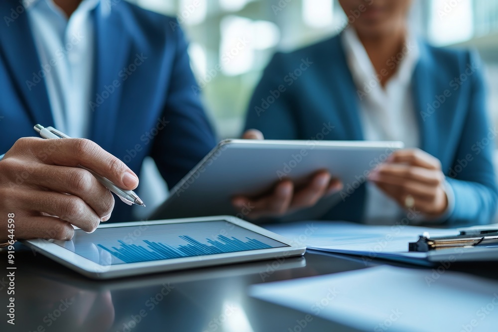 Two businesspeople using a digital tablet in a boardroom, Generative AI Two businesspeople using a digital tablet in a boardroom, Generative AI