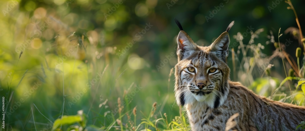 A tight shot of a cat in a lush grassy expanse, surrounded by trees in the background and bushes in the foreground A tight shot of a cat in a lush grassy expanse, surrounded by trees in the background and bushes in the foreground