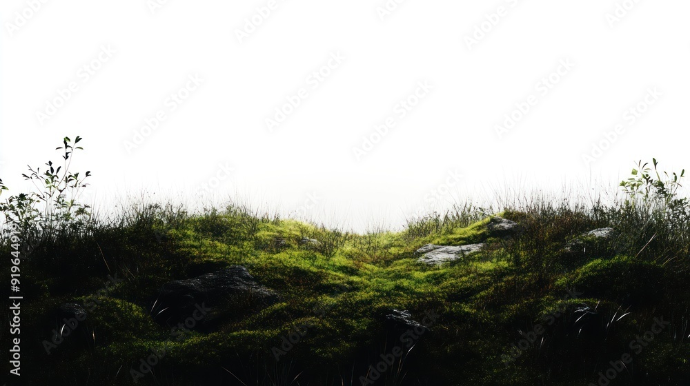 Grassy knoll lit from behind, creating a silhouette effect, with a stark white background, possibly suggesting fog or a deliberate contrast for a surreal atmosphere. Grassy knoll lit from behind, creating a silhouette effect, with a stark white background, possibly suggesting fog or a deliberate contrast for a surreal atmosphere.