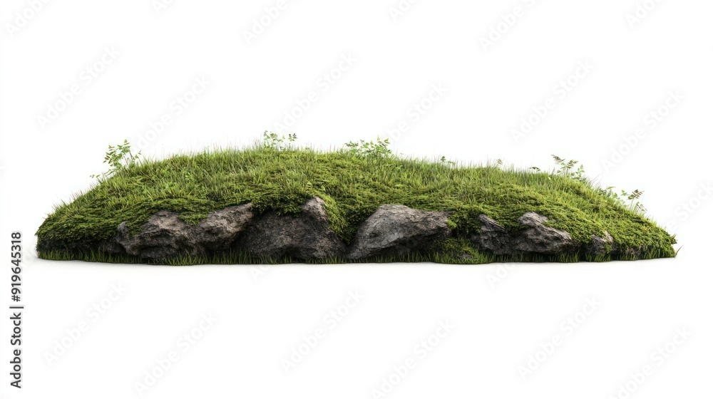 A small, isolated section of grass-covered ground with rocks peeking through, suggestive of a floating island or a cross-section of a grassy knoll. A small, isolated section of grass-covered ground with rocks peeking through, suggestive of a floating island or a cross-section of a grassy knoll.