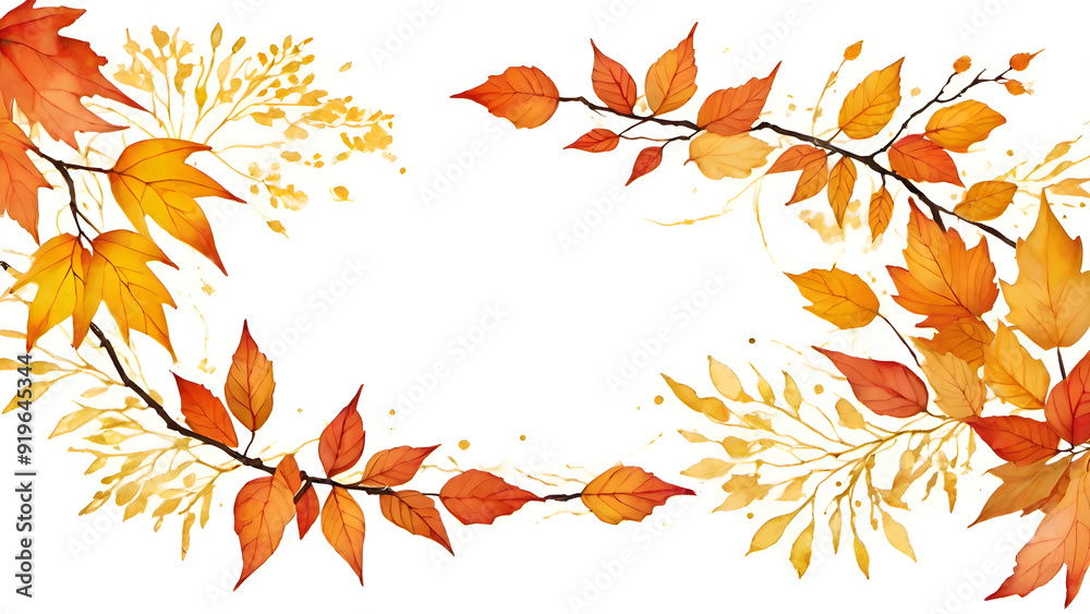 Fall leaves season banner, Golden autumn leaves frame with intricate maple foliage on white background Fall leaves season banner, Golden autumn leaves frame with intricate maple foliage on white background