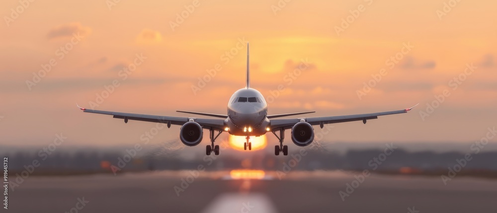A large passenger jet takes off from a runway as the sun sets, casting an orange glow over the scene, with clouds in the backdrop A large passenger jet takes off from a runway as the sun sets, casting an orange glow over the scene, with clouds in the backdrop