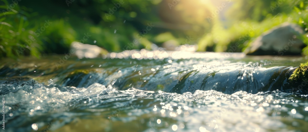 A sunlit stream weaves through a verdant forest, its bed lined with emerald grass and boulders A sunlit stream weaves through a verdant forest, its bed lined with emerald grass and boulders