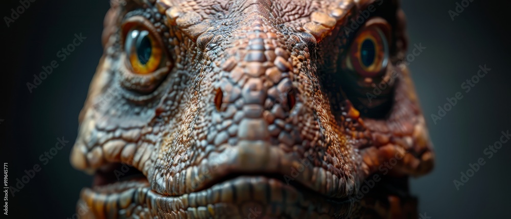 A tight shot of a lizard's face against a yellow backdrop, its eyes bright and bold, surrounded by the encompassing blackness A tight shot of a lizard's face against a yellow backdrop, its eyes bright and bold, surrounded by the encompassing blackness
