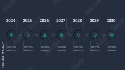 Neumorphic flowchart dark iinfographic. Creative concept for infographic with 7 steps, options, parts or processes.
