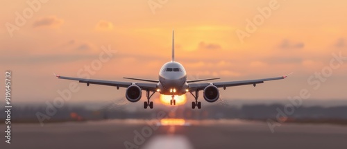  A large passenger jet takes off from a runway as the sun sets, casting an orange glow over the scene, with clouds in the backdrop