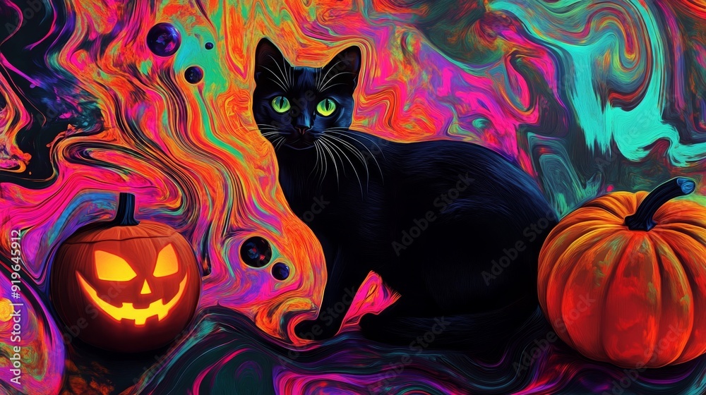 A black cat with green eyes sits between two pumpkins in a psychedelic, swirling background. Halloween-themed art. A black cat with green eyes sits between two pumpkins in a psychedelic, swirling background. Halloween-themed art.