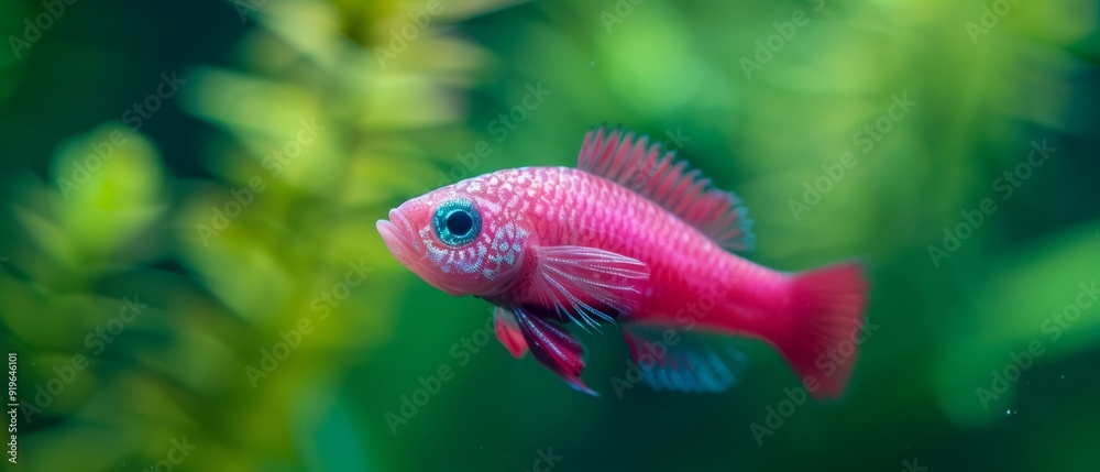 A tight shot of a red and blue fish swimming near, surrounded by green plants in the background The scene fades softly to a blur A tight shot of a red and blue fish swimming near, surrounded by green plants in the background The scene fades softly to a blur