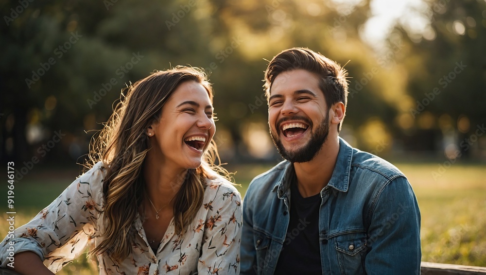 Two friends laughing and posing outdoors enjoying a sunny day Two friends laughing and posing outdoors enjoying a sunny day