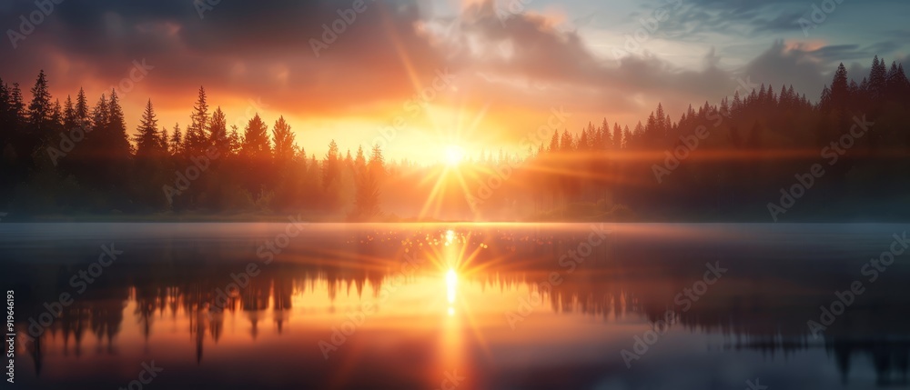 The sun sets over a body of water, with trees lining its opposite shore and clouds scattered in the sky The sun sets over a body of water, with trees lining its opposite shore and clouds scattered in the sky