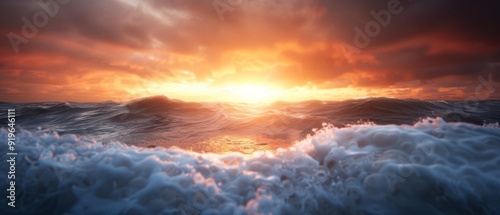 A large body of water with waves in the foreground and a bright sun in the background ..Corrected version: A large body of water features foreground waves