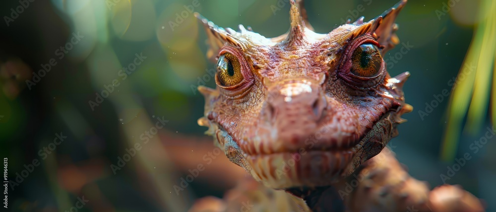 A tight shot of a lizard's face, surrounded by hazy palm leaves in the background A tight shot of a lizard's face, surrounded by hazy palm leaves in the background