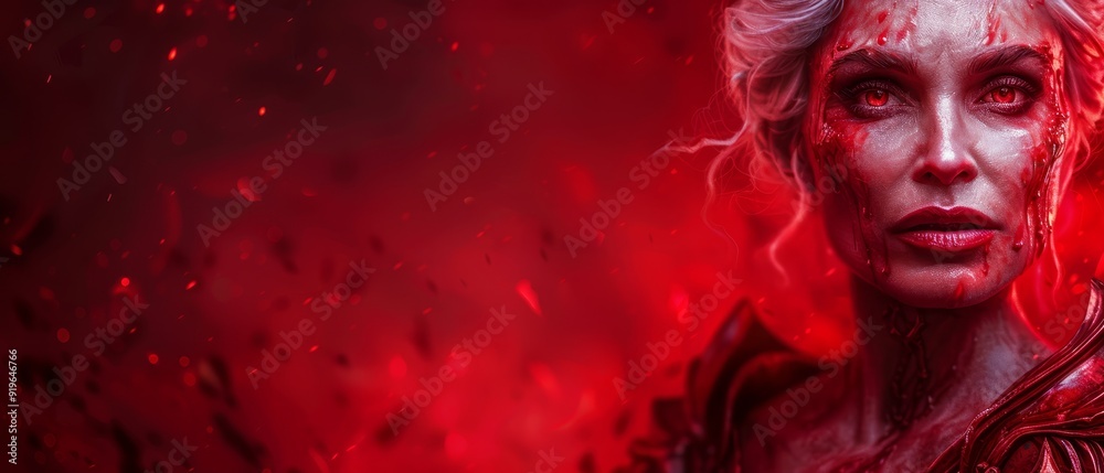  A painting portrays a woman with white hair, her face streaked with blood, and crimson light emanating from her eyes