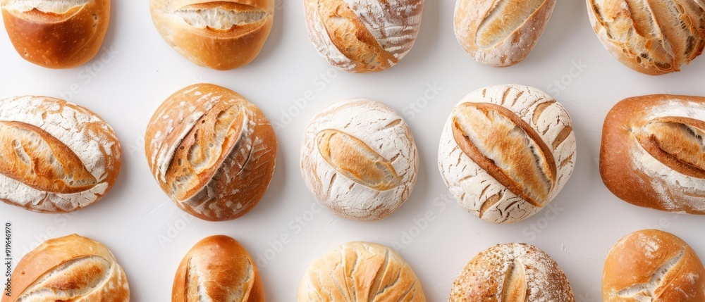  A variety of breads arranged on a white backdrop, with a few extra loaves subtly visible behind them