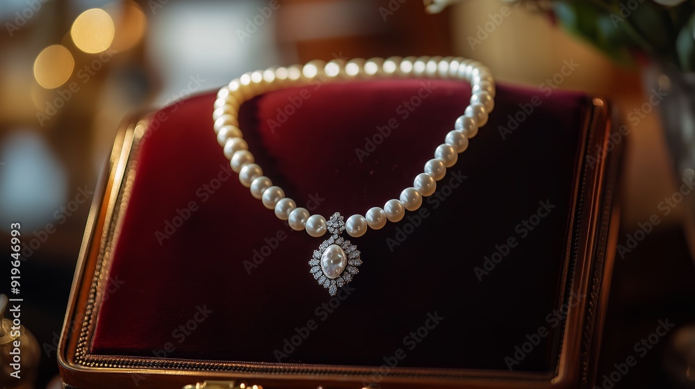 Elegant pearl necklace displayed on a luxurious red velvet jewelry box in soft lighting