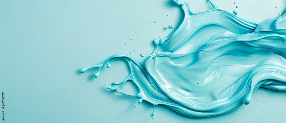 A blue liquid splashes onto a blue surface, creating ripples; below, drops of water form on its bottom edge A blue liquid splashes onto a blue surface, creating ripples; below, drops of water form on its bottom edge